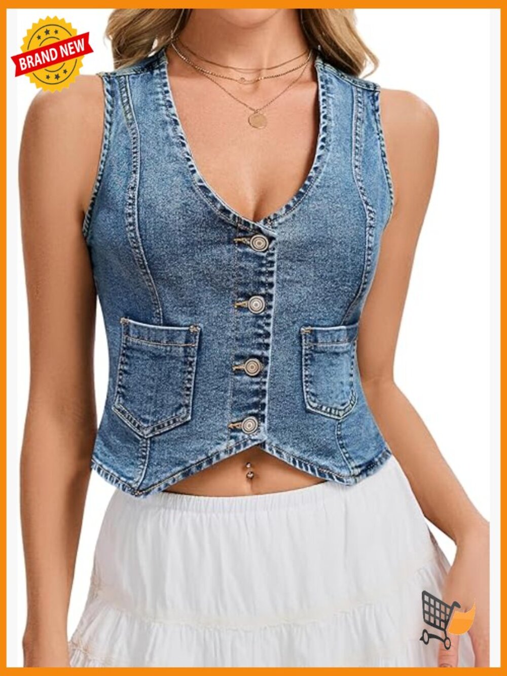 Cropped Denim Vest Sleeveless V Neck Button Down Top With Pockets
